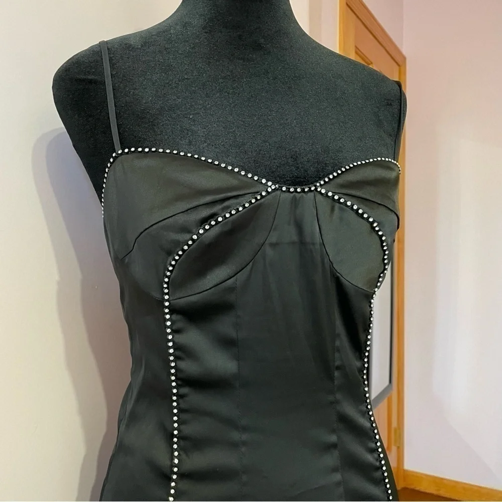 For Love and Lemon- Black Satin Sleeveless Mini Dress with Rhinestones Size S